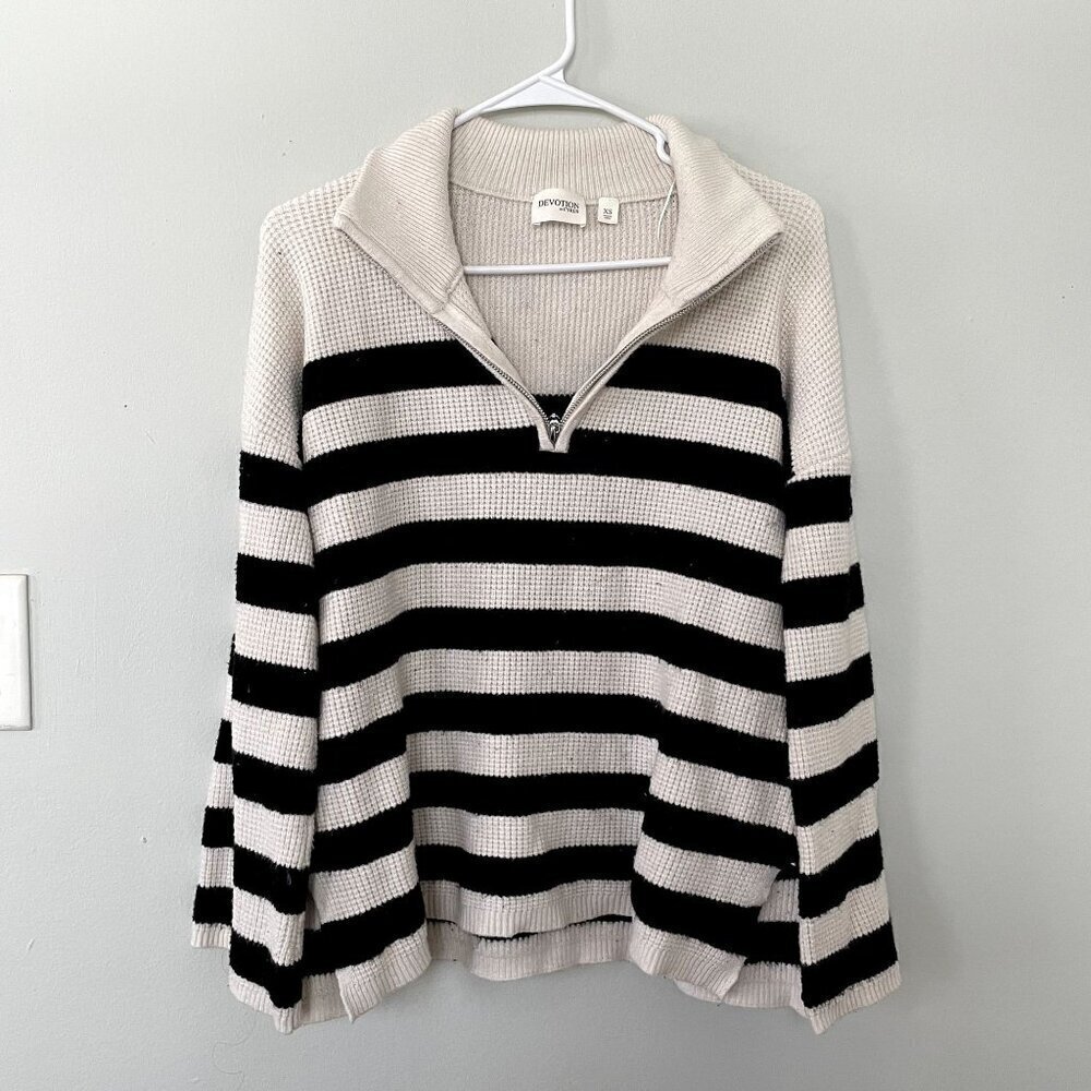 Devotion by Cyrus white cream black striped half zip knit sweater‎ women size XS
